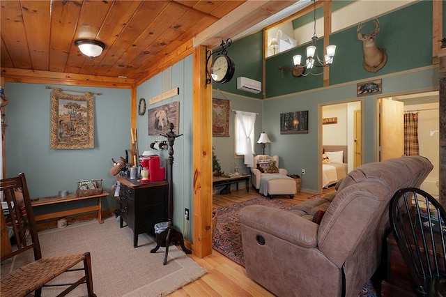 living area with a wall mounted AC, wooden ceiling, wood finished floors, and a chandelier