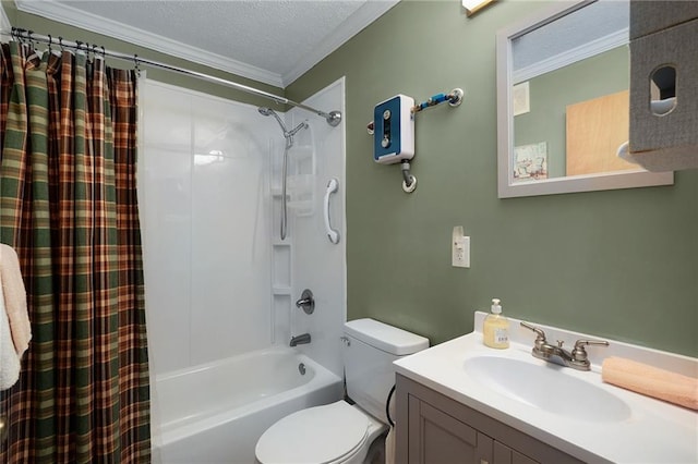 bathroom with toilet, ornamental molding, shower / bath combo with shower curtain, and a textured ceiling