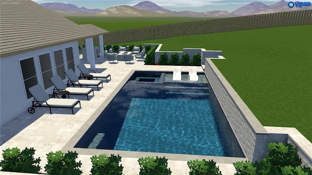 pool with a patio area, a fenced backyard, and a mountain view