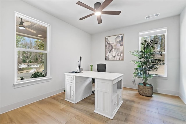 office space featuring light wood-style flooring, plenty of natural light, and visible vents