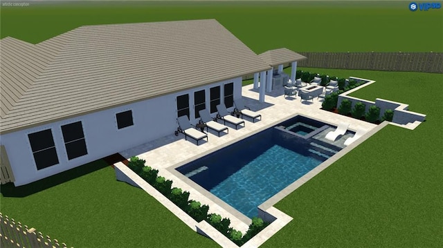 view of swimming pool featuring a fenced in pool, a lawn, a patio area, an in ground hot tub, and a fenced backyard