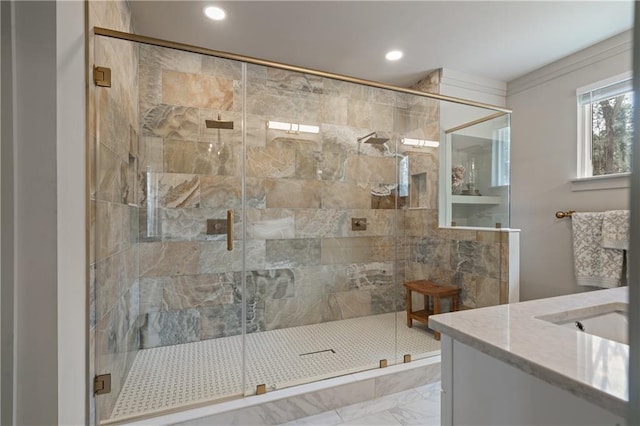 bathroom featuring a shower stall, vanity, and recessed lighting