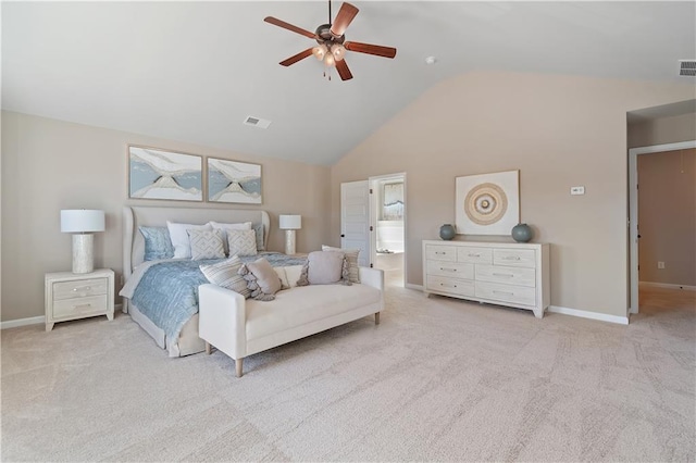 carpeted bedroom featuring high vaulted ceiling and ceiling fan