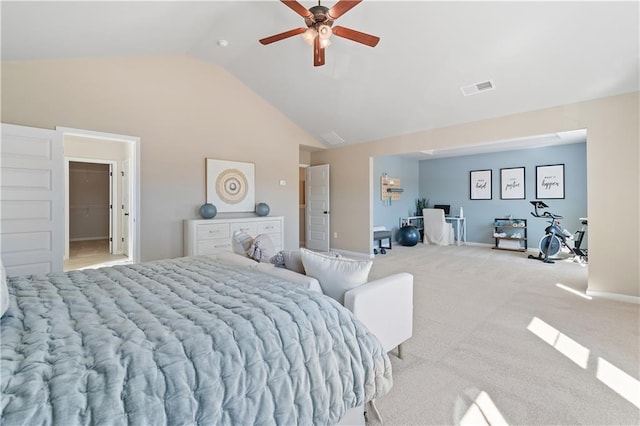 carpeted bedroom with high vaulted ceiling and ceiling fan