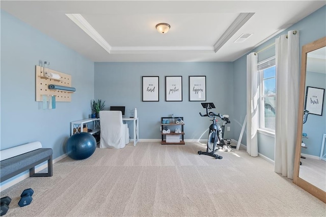 exercise room featuring light carpet, ornamental molding, and a raised ceiling