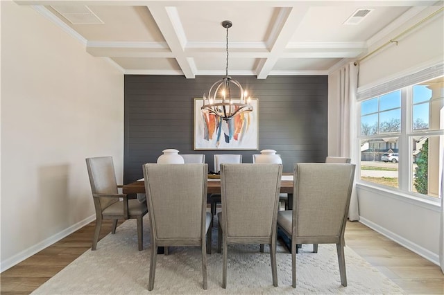 dining space featuring beamed ceiling, light hardwood / wood-style flooring, a chandelier, and coffered ceiling