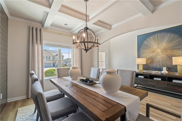 dining space featuring beam ceiling, a chandelier, light hardwood / wood-style flooring, crown molding, and coffered ceiling