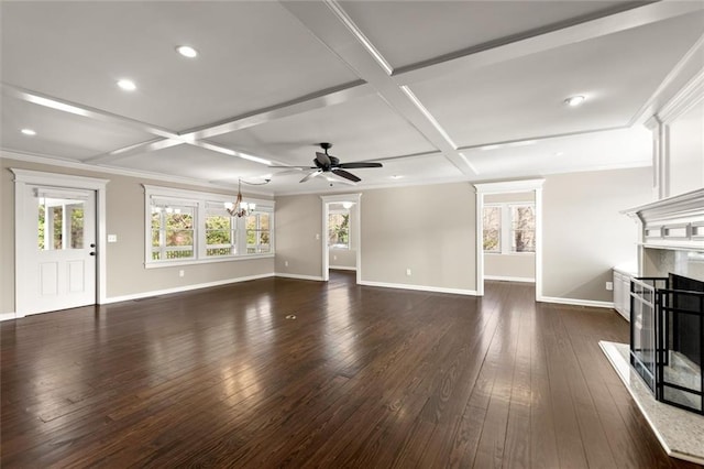 unfurnished living room featuring baseboards, dark wood-type flooring, coffered ceiling, and a high end fireplace