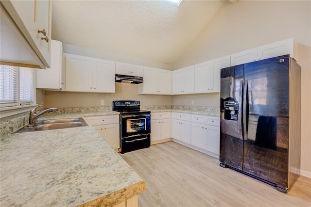 kitchen featuring white cabinetry, sink, high vaulted ceiling, light hardwood / wood-style floors, and black appliances