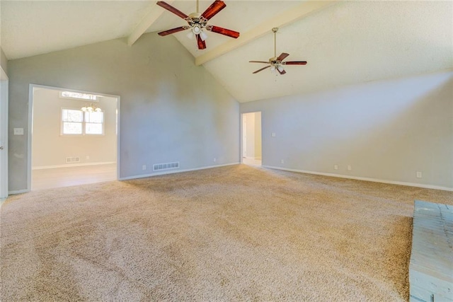 empty room with ceiling fan with notable chandelier, beam ceiling, light colored carpet, and high vaulted ceiling