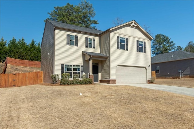 craftsman inspired home with fence, a garage, and driveway