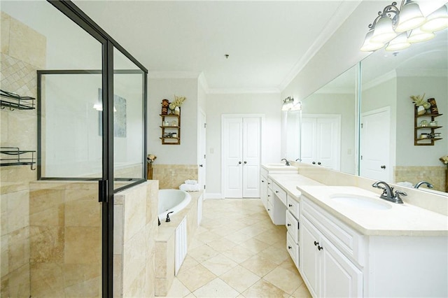 538 Micayne Cir Unit 3, Smyrna, GA 30082 - full bathroom with a garden tub, a stall shower, ornamental molding, vanity, and tile patterned floors