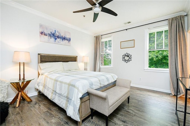 538 Micayne Cir Unit 3, Smyrna, GA 30082 - bedroom featuring dark wood finished floors, multiple windows, baseboards, crown molding, and a ceiling fan