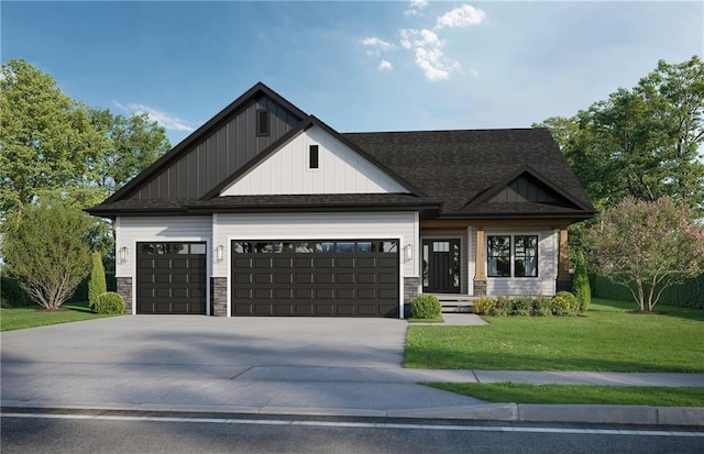 view of front of house featuring a garage, stone siding, driveway, and a front lawn