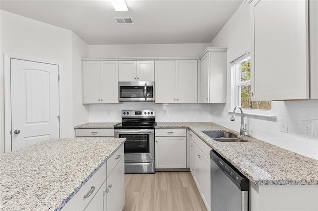 kitchen featuring tasteful backsplash, sink, white cabinets, stainless steel appliances, and light wood-type flooring