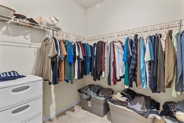 walk in closet featuring light carpet