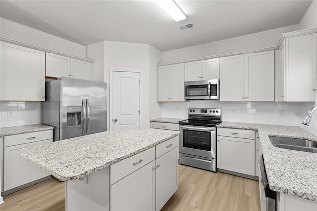 kitchen with sink, white cabinetry, stainless steel appliances, a center island, and tasteful backsplash