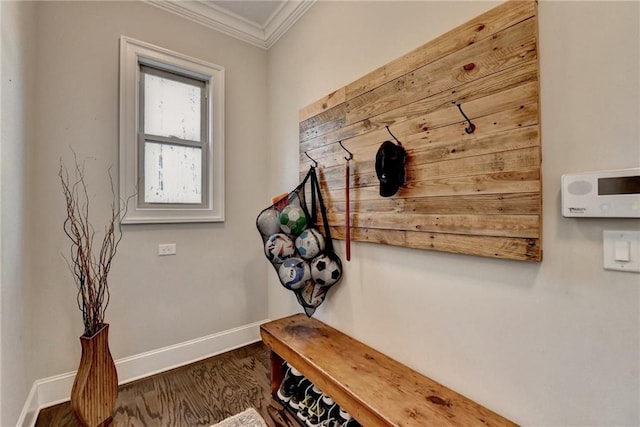 mudroom with crown molding and wood-type flooring