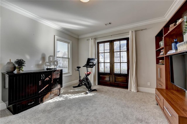 workout room with light colored carpet and ornamental molding