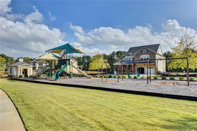 view of jungle gym with a yard