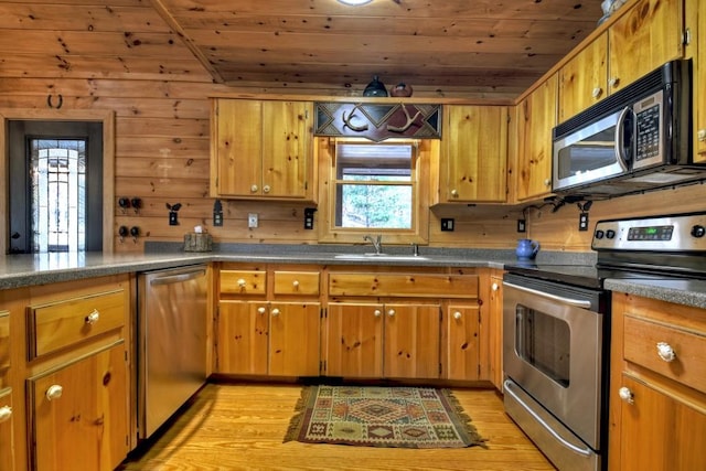 kitchen with wood walls, sink, light wood-type flooring, wood ceiling, and stainless steel appliances