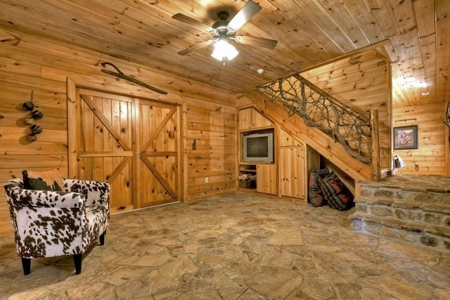 additional living space featuring ceiling fan, wooden walls, and wood ceiling