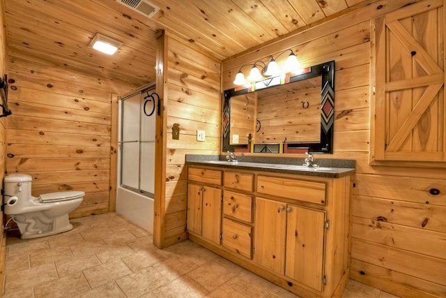 full bathroom with vanity, wooden walls, toilet, and wooden ceiling