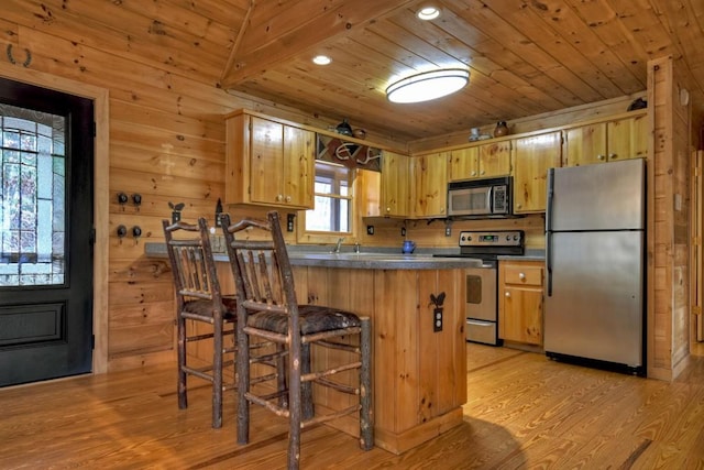 kitchen featuring wood walls, wooden ceiling, light hardwood / wood-style flooring, kitchen peninsula, and stainless steel appliances