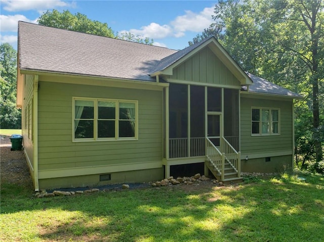 304 Old Cove Rd N, Jasper, GA 30143 - back of property with crawl space, a lawn, a sunroom, board and batten siding, and a shingled roof