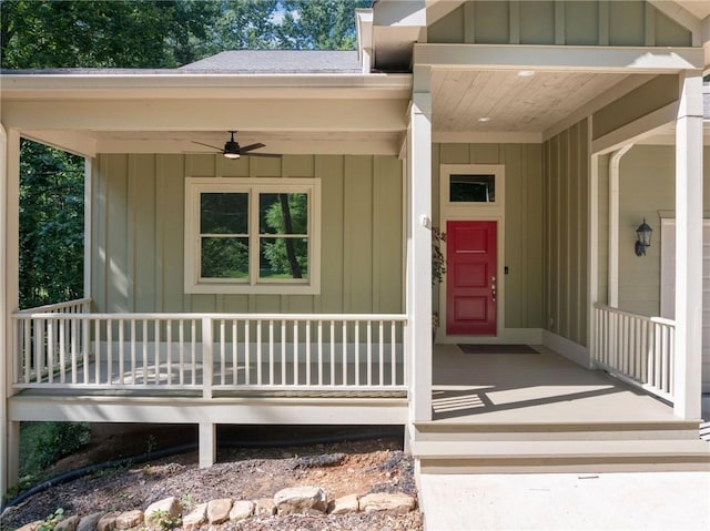 304 Old Cove Rd N, Jasper, GA 30143 - doorway to property featuring board and batten siding, covered porch, and ceiling fan