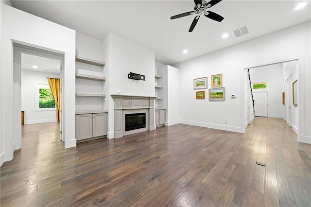 304 Old Cove Rd N, Jasper, GA 30143 - unfurnished living room with a ceiling fan, dark wood-style floors, recessed lighting, and a fireplace