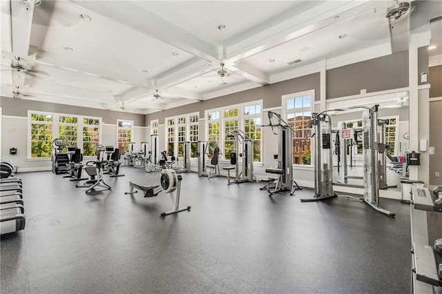 exercise room featuring coffered ceiling and ceiling fan