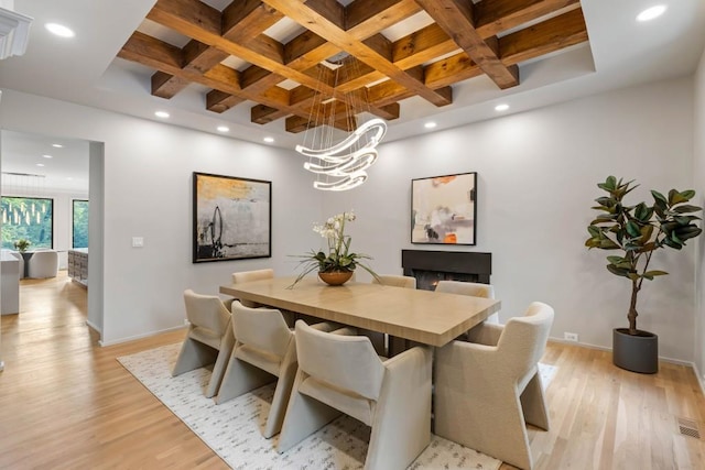 1430 N Harris Rdg, Atlanta, GA 30327 - dining room featuring coffered ceiling, light wood finished floors, beamed ceiling, baseboards, and recessed lighting