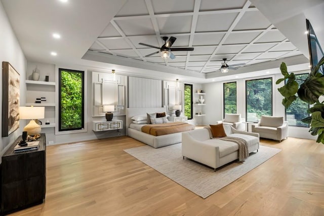 1430 N Harris Rdg, Atlanta, GA 30327 - living area with a ceiling fan, light wood-style flooring, coffered ceiling, and recessed lighting