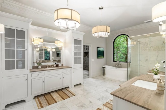 1430 N Harris Rdg, Atlanta, GA 30327 - full bath featuring vanity, a stall shower, a chandelier, a freestanding tub, and crown molding
