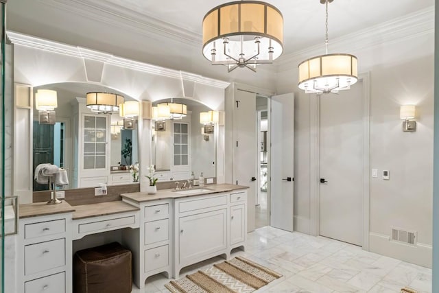1430 N Harris Rdg, Atlanta, GA 30327 - bathroom with a chandelier, vanity, ornamental molding, and marble look tiles