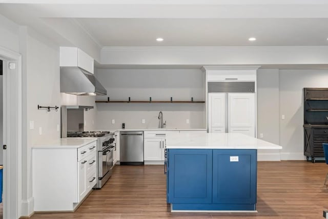 1430 N Harris Rdg, Atlanta, GA 30327 - kitchen featuring high quality appliances, open shelves, a center island, ornamental molding, and light countertops
