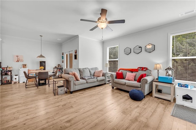 5615 Parkview Ln, Flowery Branch, GA 30542 - living area featuring light wood finished floors, plenty of natural light, ornamental molding, and a ceiling fan