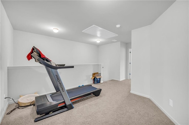 5615 Parkview Ln, Flowery Branch, GA 30542 - exercise area featuring attic access and carpet flooring