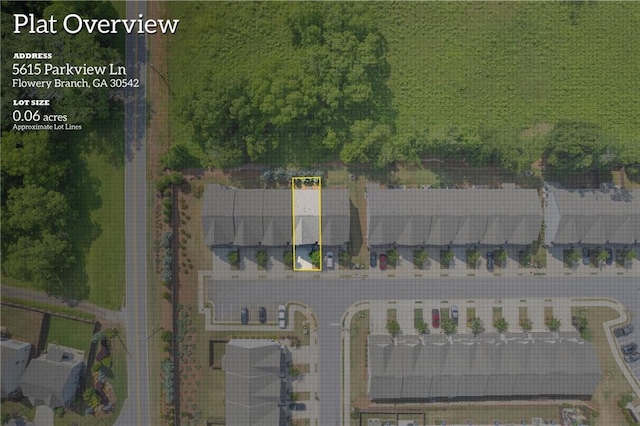 5615 Parkview Ln, Flowery Branch, GA 30542 - aerial overview of property's location with property boundaries highlighted