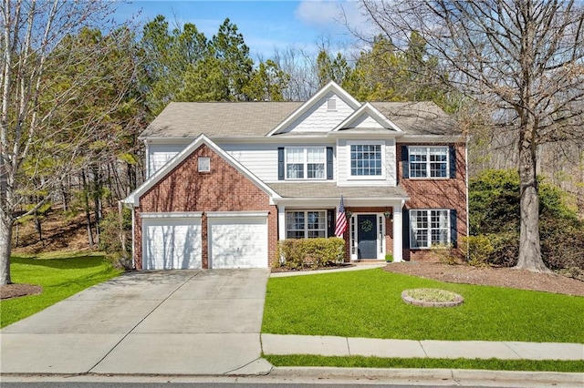 view of front of property with concrete driveway, a front lawn, an attached garage, and brick siding