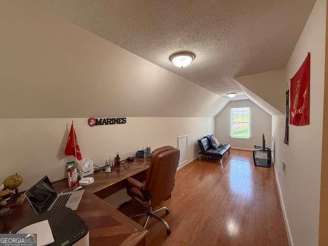 3269 N Winds Trl N, Douglasville, GA 30135 - office space featuring a textured ceiling, vaulted ceiling, wood finished floors, and baseboards
