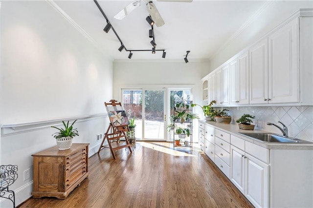 kitchen with crown molding, tasteful backsplash, white cabinets, a sink, and wood finished floors