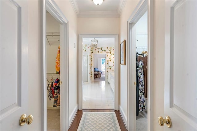 hall with baseboards, dark wood-style flooring, and crown molding