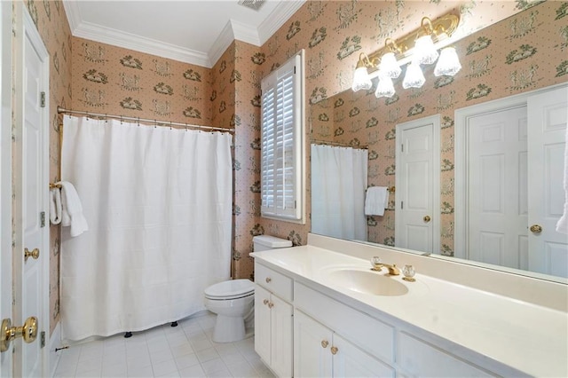 full bathroom with wallpapered walls, toilet, ornamental molding, tile patterned floors, and vanity