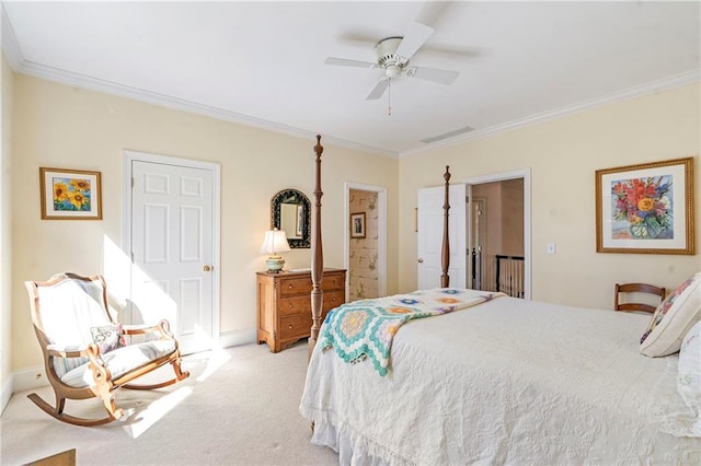 bedroom with visible vents, baseboards, a ceiling fan, light colored carpet, and crown molding