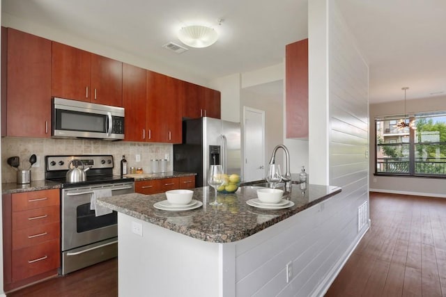 kitchen featuring tasteful backsplash, stainless steel appliances, dark wood-type flooring, and sink