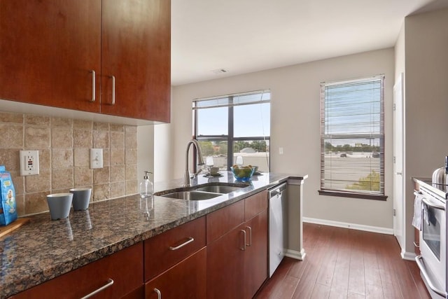 kitchen featuring sink, decorative backsplash, dark stone counters, stainless steel dishwasher, and dark wood-type flooring