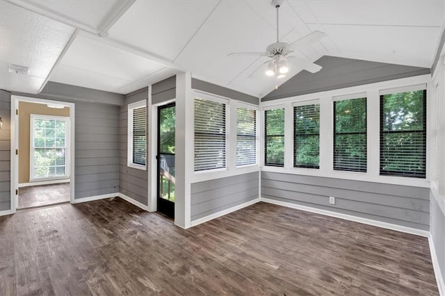 unfurnished sunroom with ceiling fan and lofted ceiling