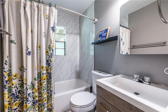 full bathroom with vanity, toilet, and shower / tub combo with curtain